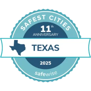 SafeWise Safest Cities Texas 2025 badge, awarded to the City of Midlothian